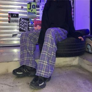 Y2K Purple Checkerboard Pants for Trendy Summer Outfits & Grunge Style