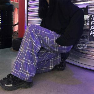 Y2K Purple Checkerboard Pants for Trendy Summer Outfits & Grunge Style