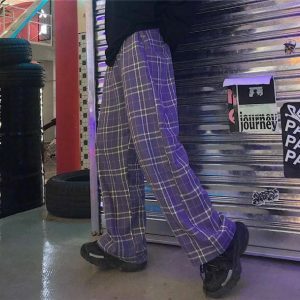 Y2K Purple Checkerboard Pants for Trendy Summer Outfits & Grunge Style