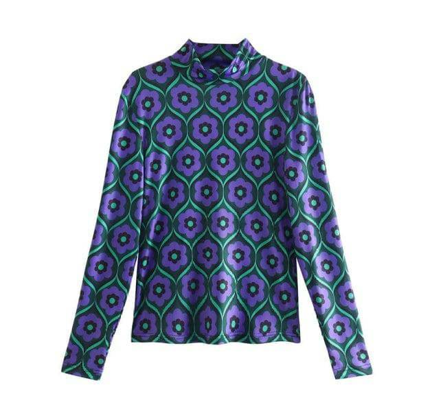 Y2K Purple Daisy Long Sleeve Top - Retro 90s Grunge Summer Style