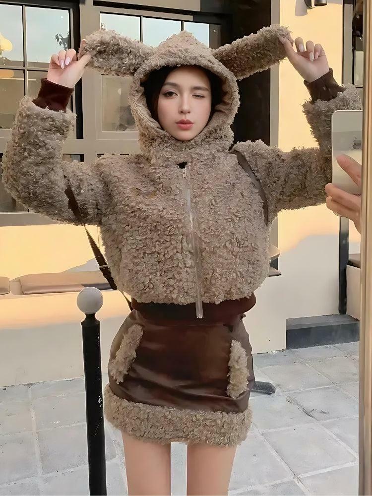 Y2K Rabbit Hood Teddy Two Piece Set for Trendy Summer Outfits