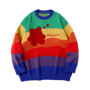 Y2K Rainbow Bear Sweater: Retro 90s Grunge Style for Summer Vibes