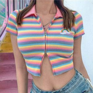 Y2K Rainbow Zipper Up Top - Trendy Summer Outfit for Retro Vibes