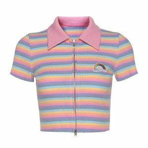 Y2K Rainbow Zipper Up Top - Trendy Summer Outfit for Retro Vibes