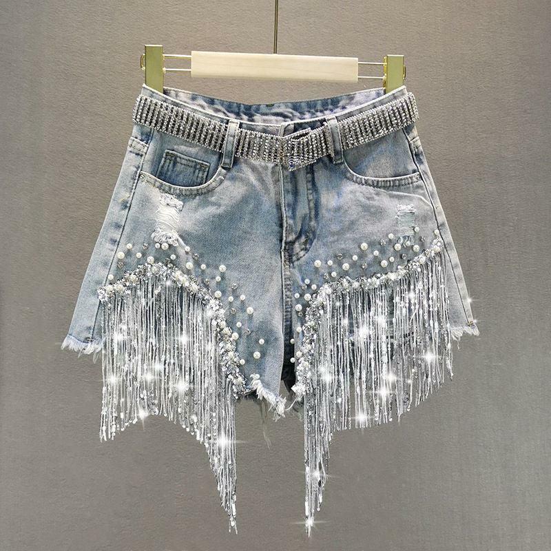 Y2K Rhinestone Fringe Denim Shorts: Retro Cowgirl Vibes for Summer Fun