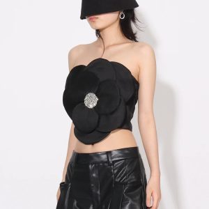 Y2K Rhinestone Zip-Up Strapless Top for Trendy Summer Outfits