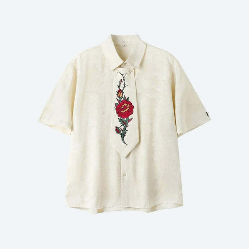 Y2K Rose Embroidery Tie Shirt - Trendy Summer Outfit for Retro Vibes