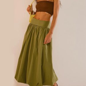 Y2K Ruched Bubble Hem Midi Skirt - Trendy Retro Summer Fashion