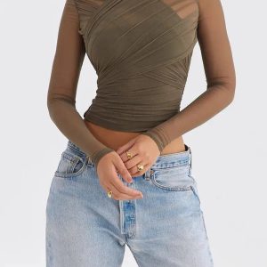 Y2K Ruched Sheer Zip-Up Mesh Top for Trendy Summer Outfits