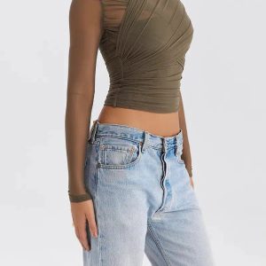 Y2K Ruched Sheer Zip-Up Mesh Top for Trendy Summer Outfits