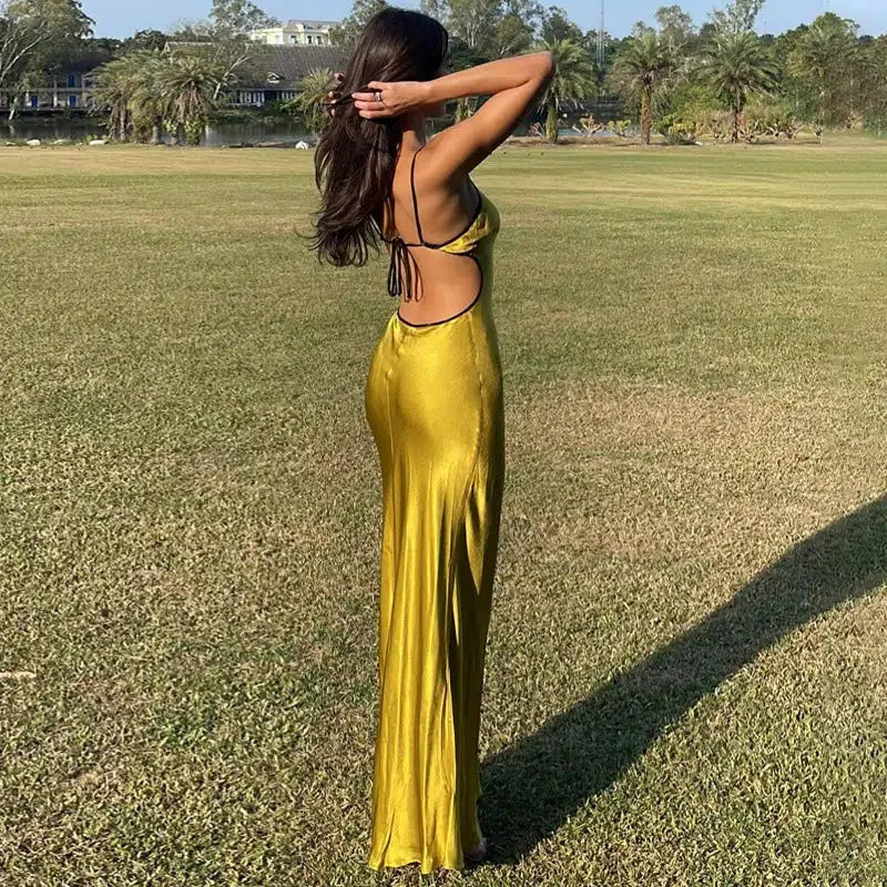 Y2K Satin Backless Maxi Dress for Effortless Summer Glam and Style