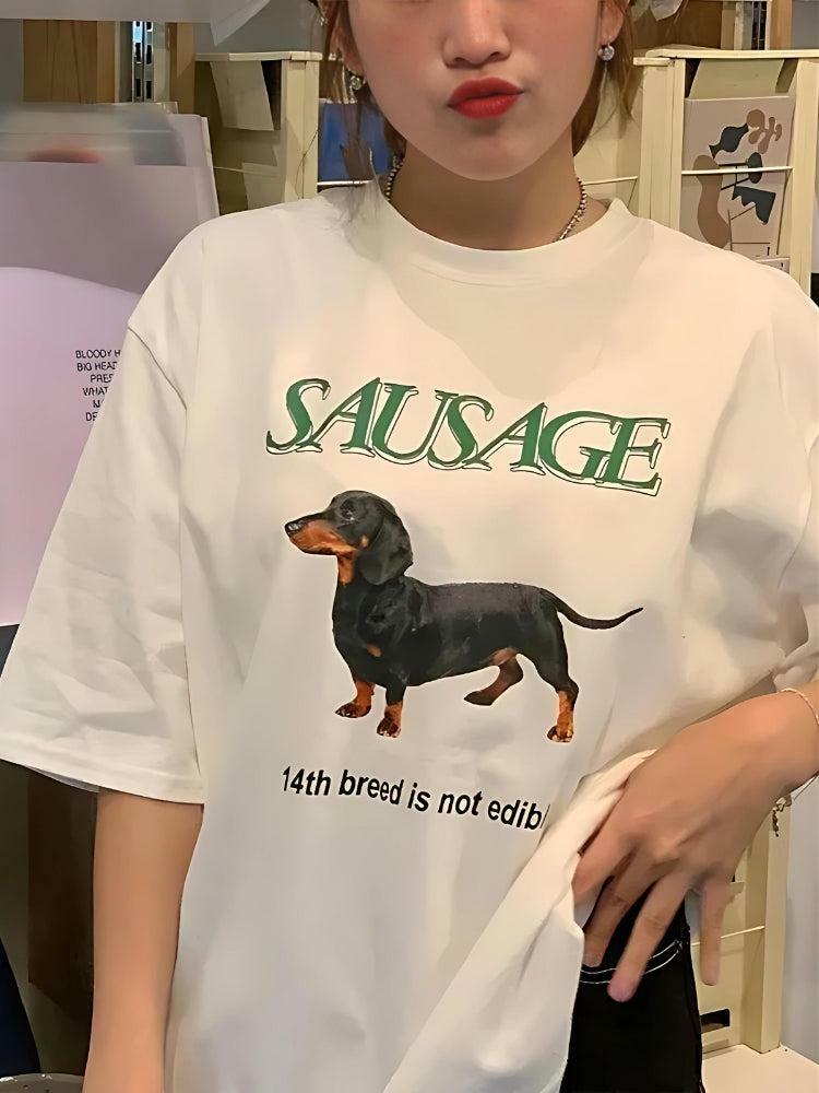 Y2K Sausage Dog Tee: Retro 90s Grunge Summer Outfit Essential