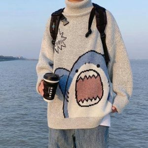 Y2K Shark Jaws Sweater: Retro Grunge Style for Summer Outfits