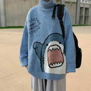 Y2K Shark Jaws Sweater: Retro Grunge Style for Summer Outfits