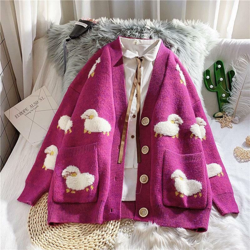 Y2K Sheep Embroidery Knitted Cardigan for Retro Summer Outfits