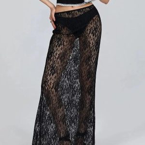 Y2K Sheer Lace Low Rise Maxi Skirt for Retro Summer Outfits