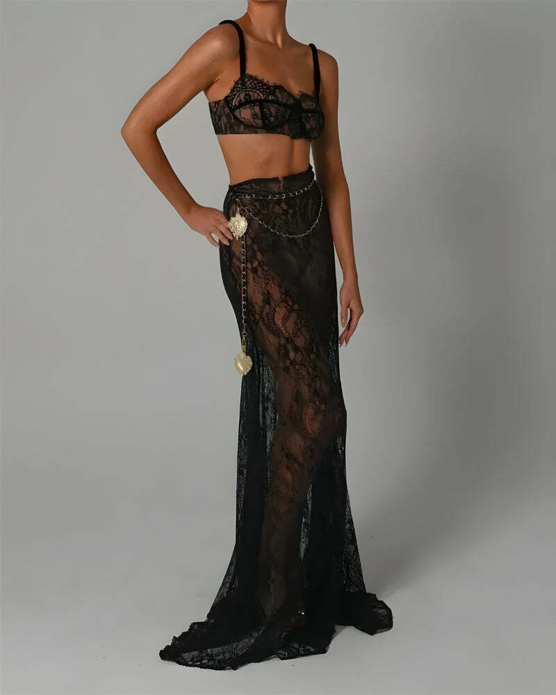 Y2K Sheer Lace Two-Piece Set for Summer: Trendy Grunge & Retro Vibes