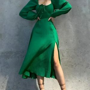 Y2K Slit Midi Dress: Retro Summer Outfit for Trendy Women