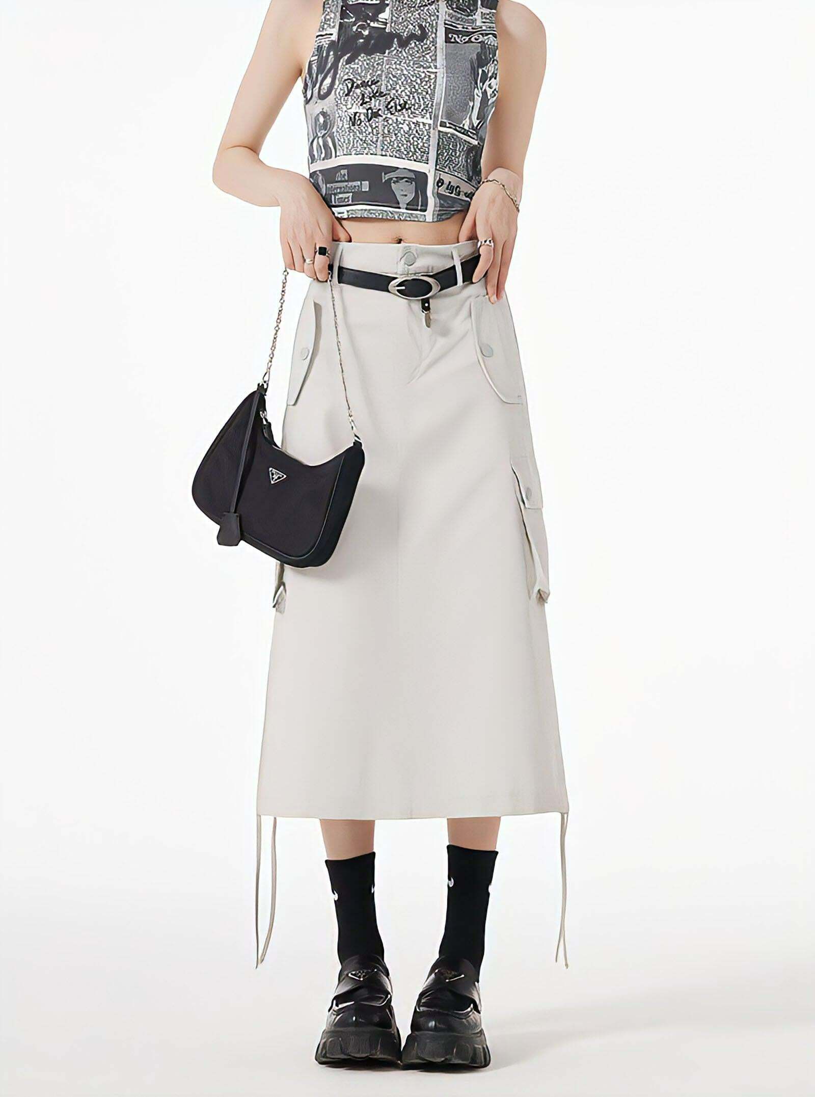 Y2K Slit & String Detailed Cargo Midi Skirt for Trendy Summer Vibes