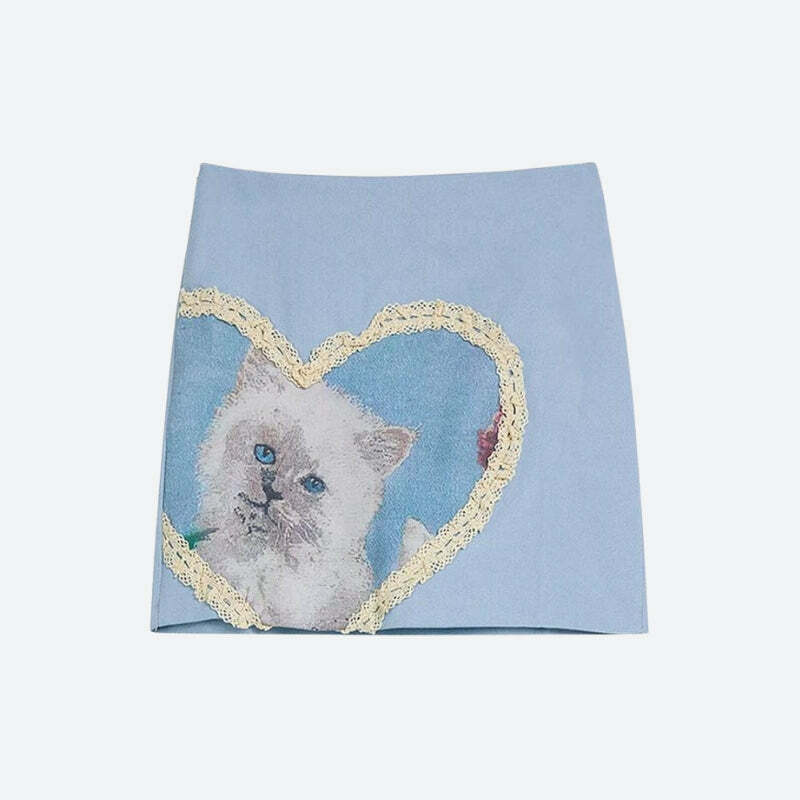 Y2K Soft Girl Cat Heart Mini Skirt - Cute Retro Summer Outfit