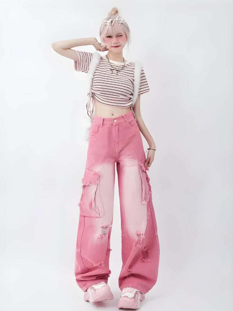 Y2K Soft Girl Distressed Cargo Jeans for Trendy Summer Outfits