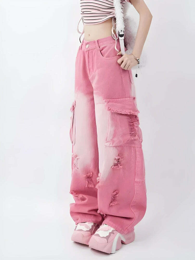 Y2K Soft Girl Distressed Cargo Jeans for Trendy Summer Outfits