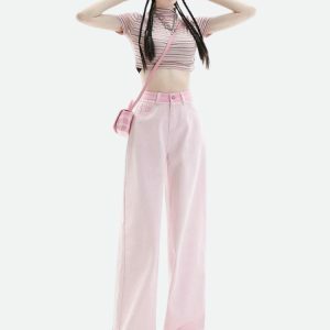 Y2K Soft Girl Distressed Straight Leg Pants for Retro Summer Vibes