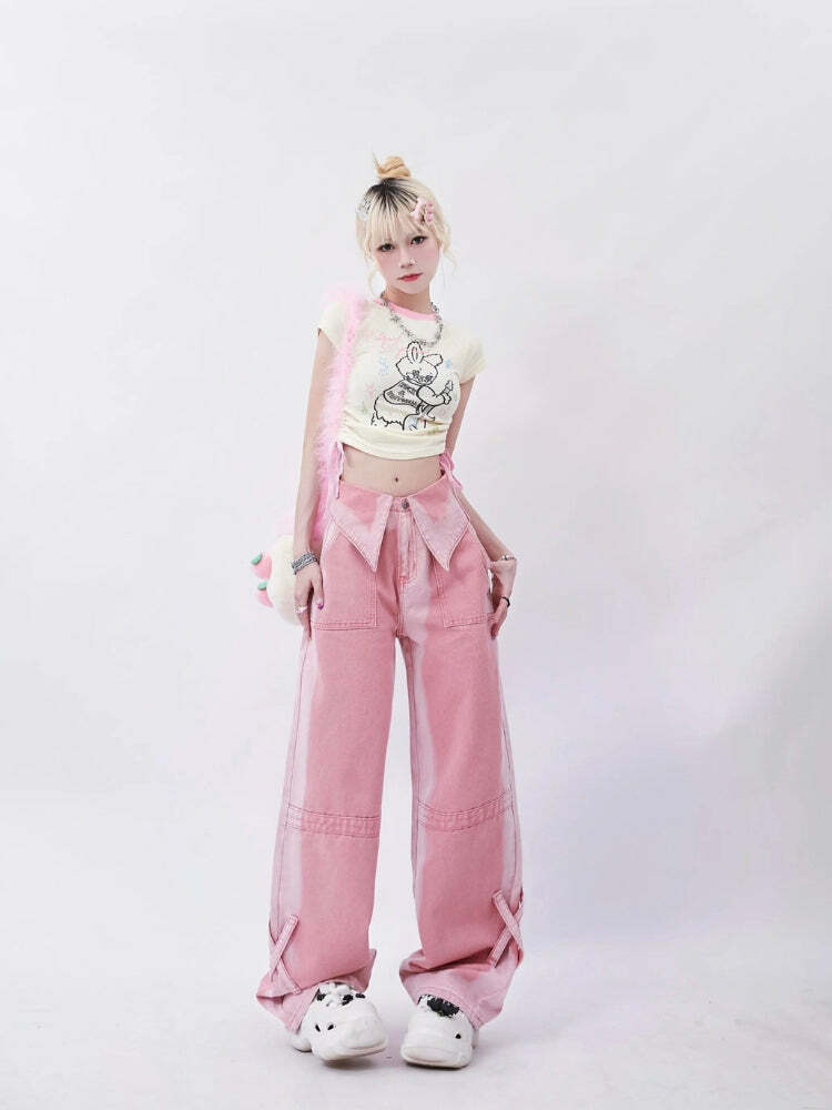 Y2K Soft Girl Folded Waist Jeans for Trendy Summer Outfits