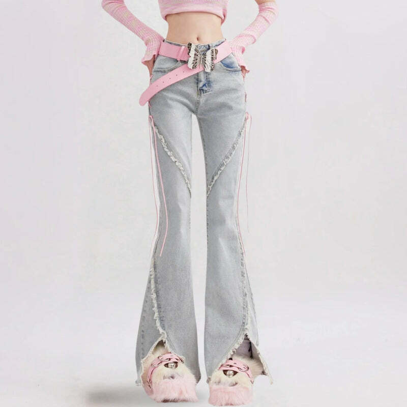 Y2K Soft Girl Lace-Up Slit Flare Jeans for Retro Summer Vibes