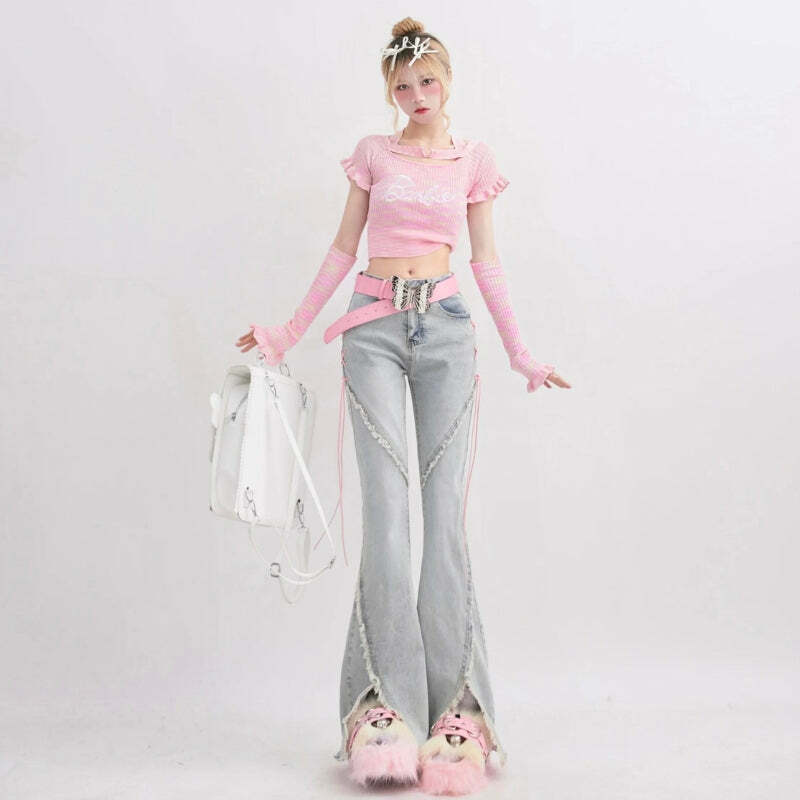 Y2K Soft Girl Lace-Up Slit Flare Jeans for Retro Summer Vibes