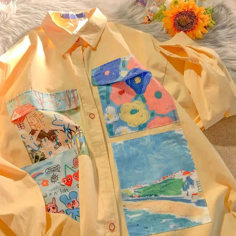 Y2K Soft Girl Oil Painting Shirt - Retro Aesthetic Summer Top