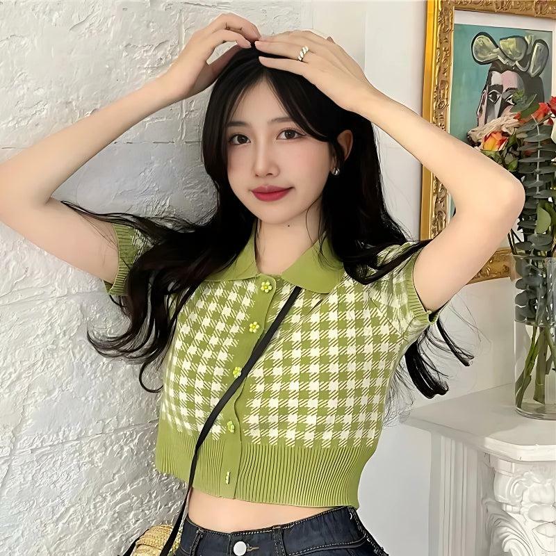 Y2K Soft Girl Plaid Crop Cardigan for Retro Summer Outfits