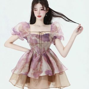 Y2K Soft Girl Puff Sleeve Layered Mini Dress for Retro Summer Vibes