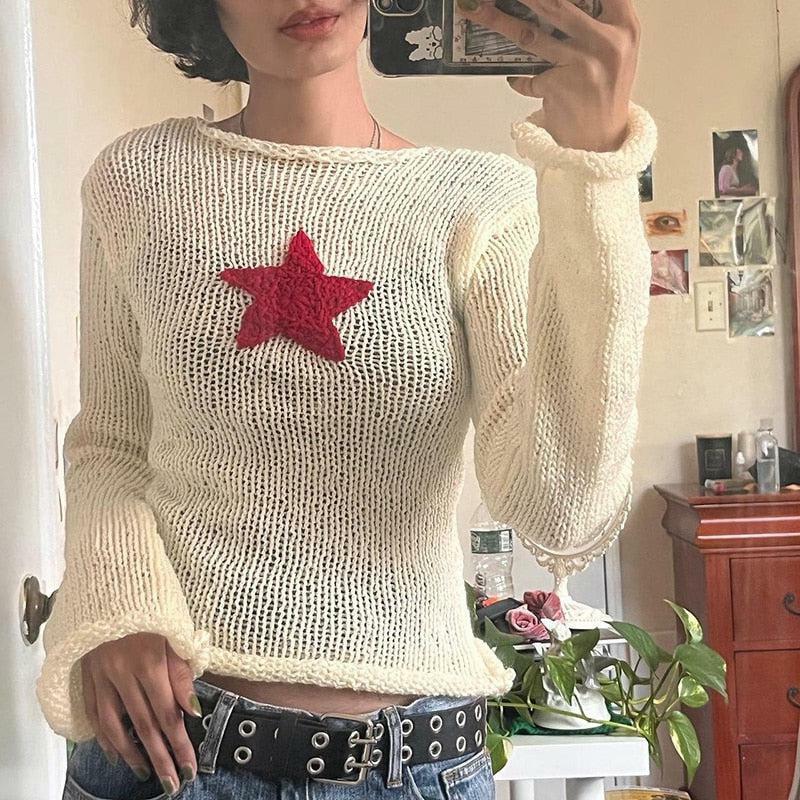 Y2K Star Embroidery Knitted Top for Retro Summer Outfits and Parties