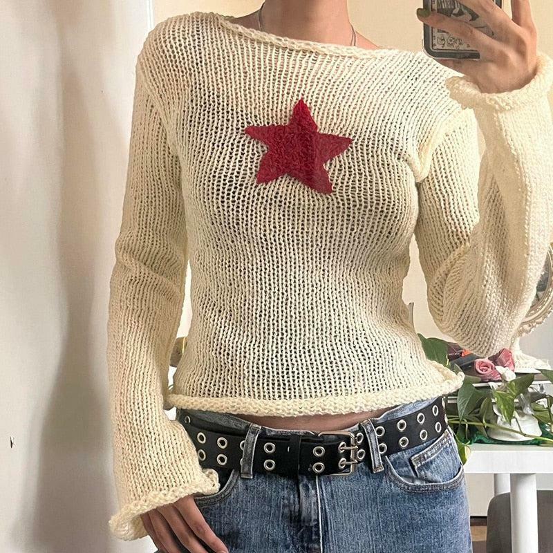 Y2K Star Embroidery Knitted Top for Retro Summer Outfits and Parties