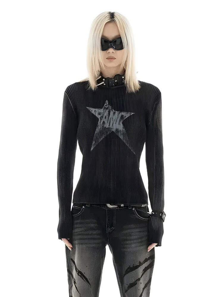 Y2K Star Long Sleeve Corduroy Sweater - Retro 90s Grunge Style Top