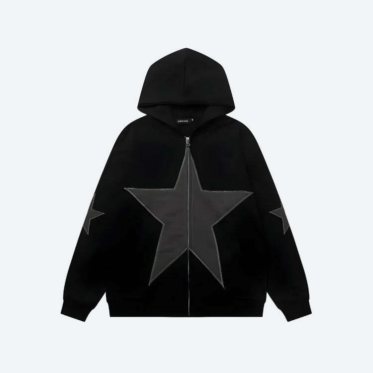 Y2K Star Patch Zip-Up Hoodie: Trendy Grunge Style for Summer Vibes