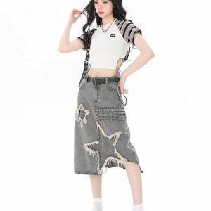 Y2K Star Patchwork Midi Skirt - Trendy Retro Style for Summer Outfits