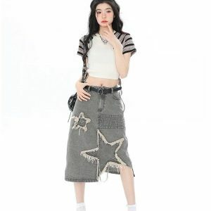 Y2K Star Patchwork Midi Skirt - Trendy Retro Style for Summer Outfits