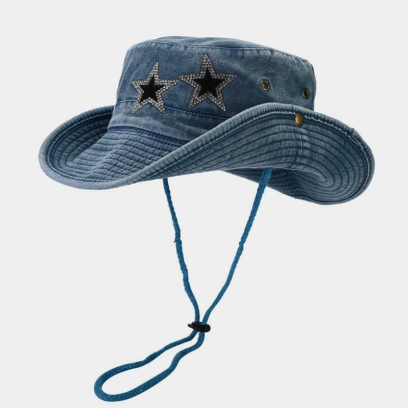 Y2K Star Printed Denim Hat for Retro Cowgirl Vibes and Summer Outfits