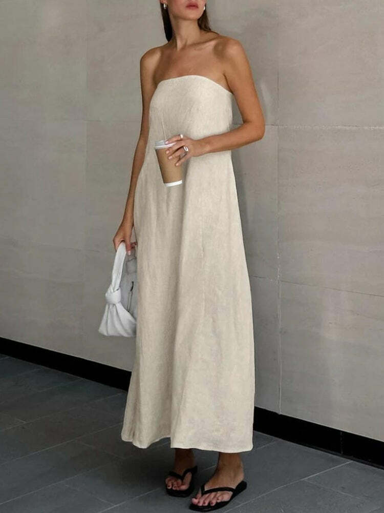 Y2K Strapless Linen Midi Dress for Effortless Summer Style