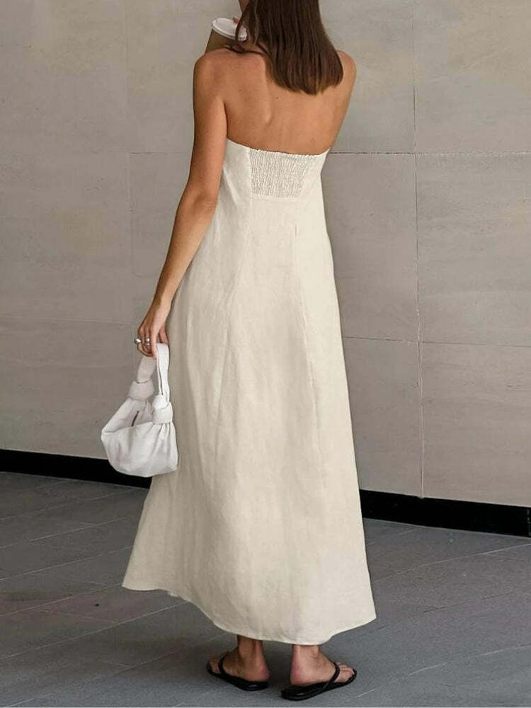 Y2K Strapless Linen Midi Dress for Effortless Summer Style