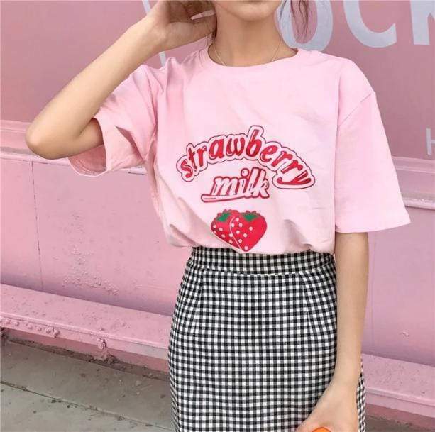 Y2K Strawberry Milk Graphic Tee - Retro 90s Summer Outfit Essential