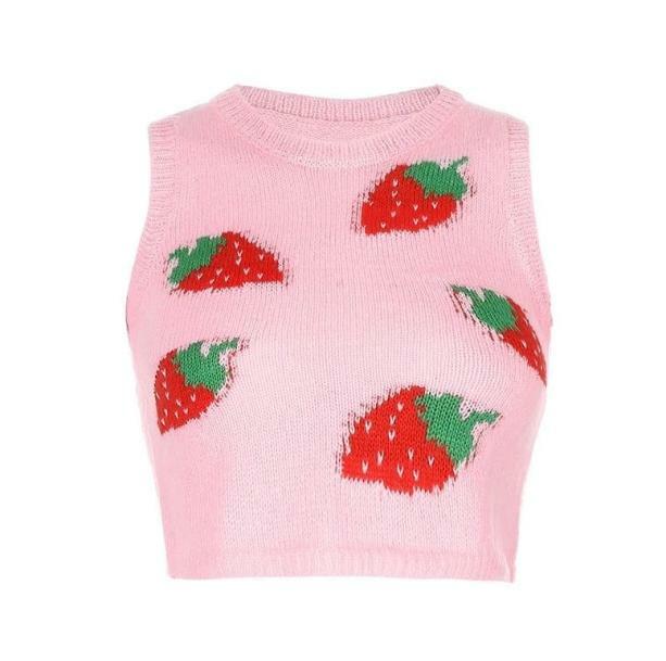 Y2K Strawberry Sleeveless Sweater - Retro Summer Outfit Essential