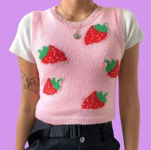 Y2K Strawberry Sleeveless Sweater - Retro Summer Outfit Essential