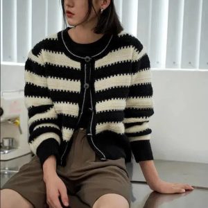 Y2K Striped Button Up Cardigan for Retro Summer Outfits & Grunge Style