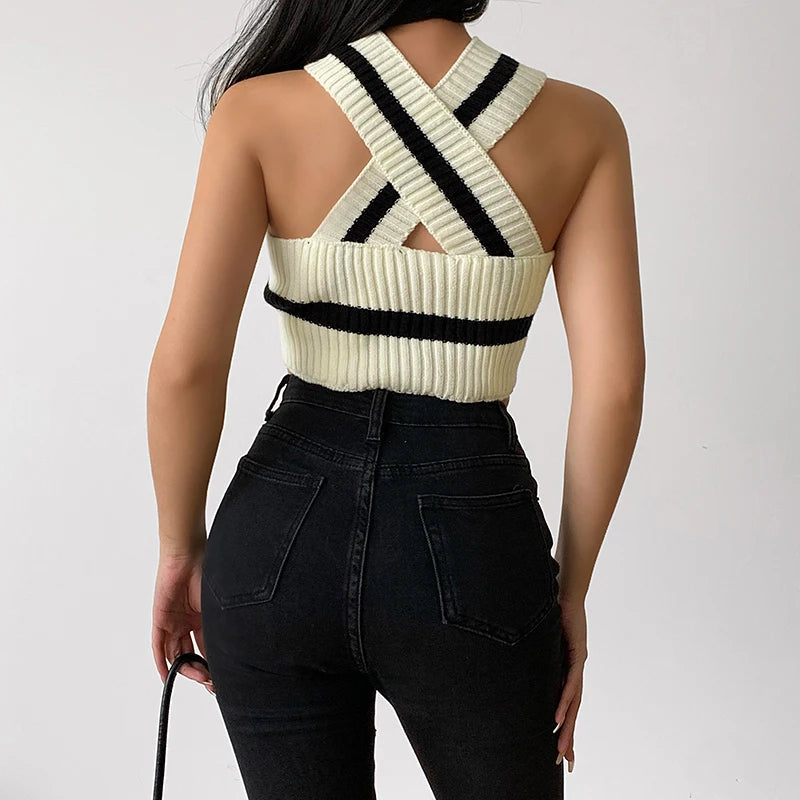 Y2K Striped Knitted Crop Top for Trendy Summer Outfits and Grunge Vibes