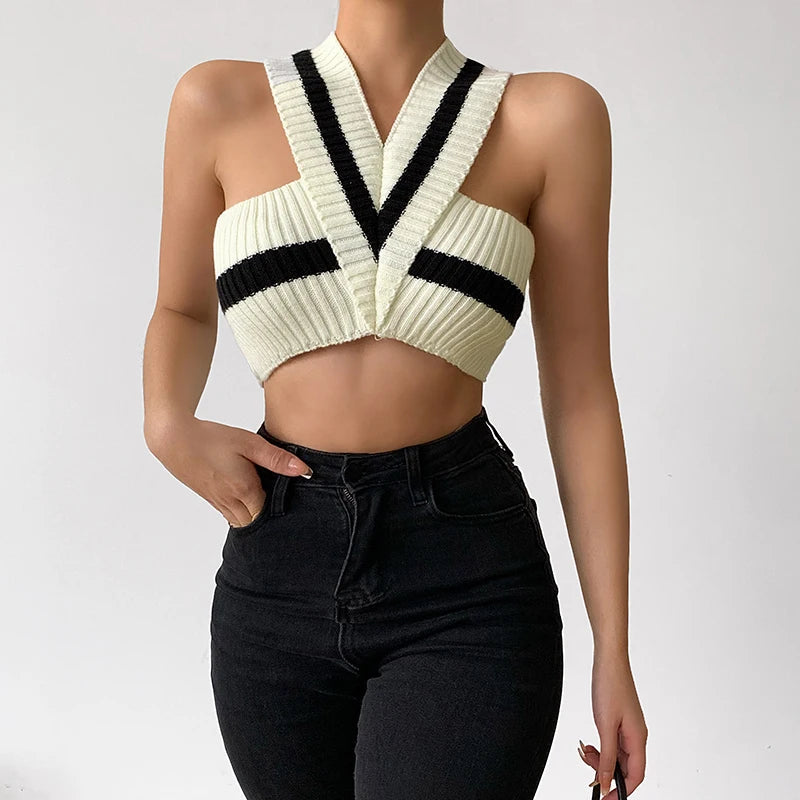 Y2K Striped Knitted Crop Top for Trendy Summer Outfits and Grunge Vibes