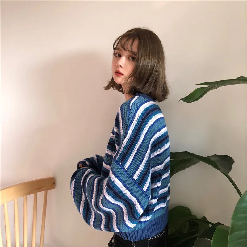 Y2K Striped Knitted Sweater with Wide Sleeves for Retro Summer Vibes