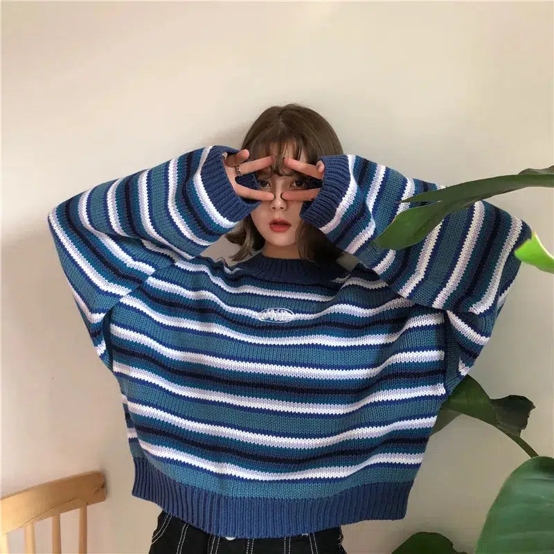 Y2K Striped Knitted Sweater with Wide Sleeves for Retro Summer Vibes